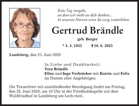 Traueranzeigen von Gertrud Brändle Augsburger Allgemeine Zeitung