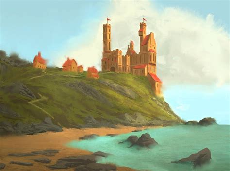 A Painting Of A Castle On Top Of A Hill Next To The Ocean