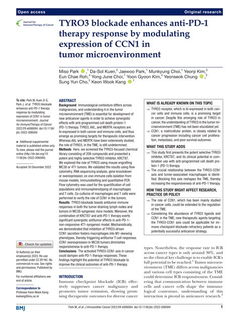 Pdf Tyro3 Blockade Enhances Anti Pd 1 Therapy Response By Modulating