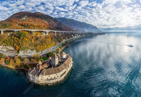 Aerial view of Chillon Castle, Swiss Riviera, Switzerland - Stock Image ...