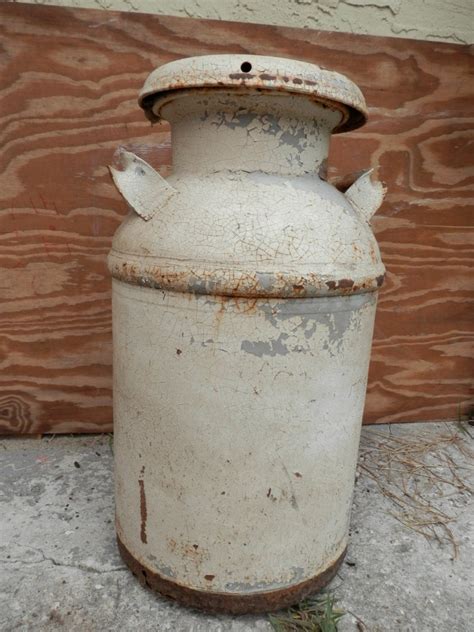 Antique Metal Milk Can Milk Jug With Lid Old White Chippy