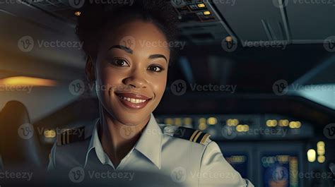 African American woman working as flight attendant. Female airplane ...