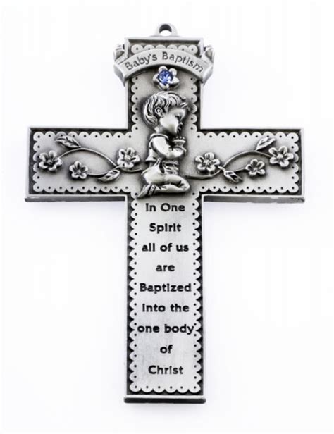 Praying Boy Pewter Baptism Cross With Blue Crystal 5 Inch