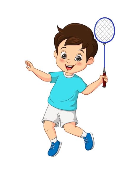 Dessin Anim Heureux Petit Gar On Jouant Au Badminton Vecteur Premium