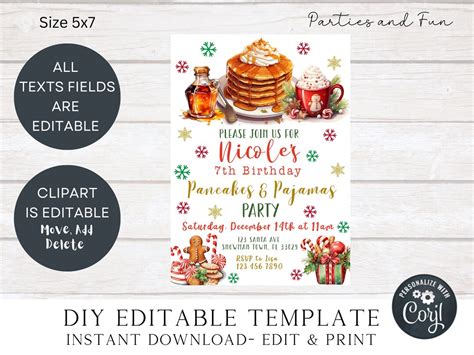 Editable Pancakes And Pajamas Christmas Birthday Invitation Etsy