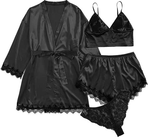 Funaloe Womens Sexy Lingerie Uk Silk Dress Robe 4pcs Sleepwear Pajamas Set Lace Nightdress