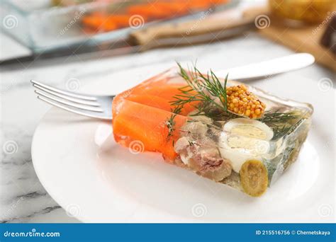 Delicious Aspic With Meat And Vegetables Served On White Marble Table