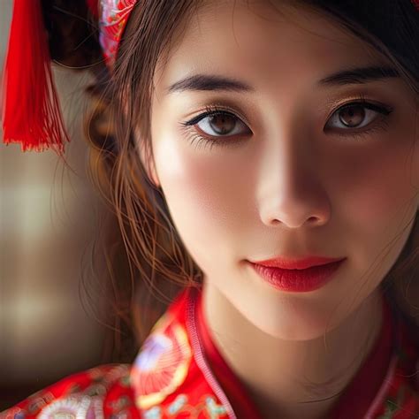 Beautiful Asian Woman In Traditional Red Dress With Red Lipstick