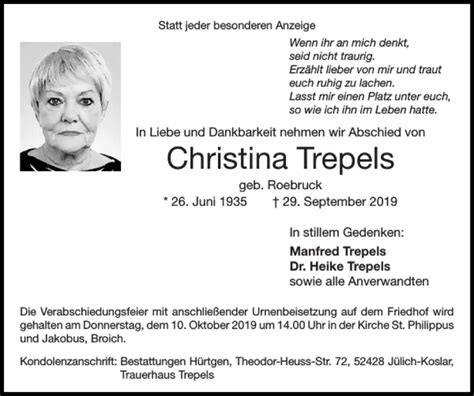 Traueranzeigen Von Christina Trepels Aachen Gedenkt