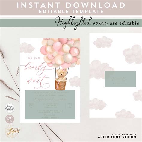 Editable Girl Teddy Bear Hot Air Balloon Bear Theme Baby Etsy