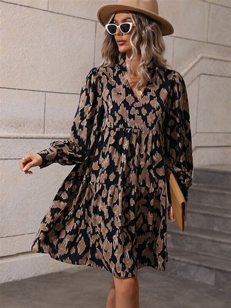 Shein Lune Allover Print Lantern Sleeve Ruffle Hem Smock Dress Shein Usa