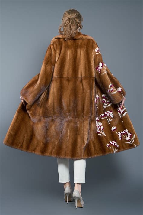 Brown Mink Fur Coat With Floral Design For Women Fur Caravan