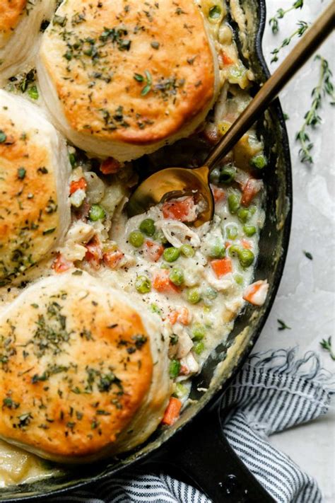 Easiest Skillet Chicken Pot Pie With Herb Butter Biscuits Pwwb