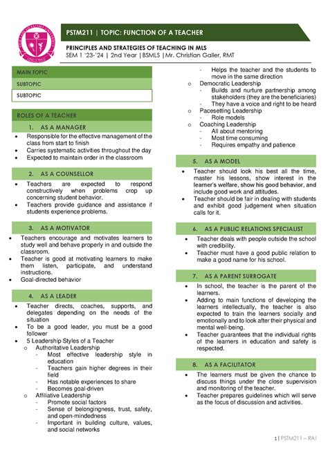 2 Function Of A Teacher Prelims PSTM211 PRINCIPLES AND STRATEGIES OF