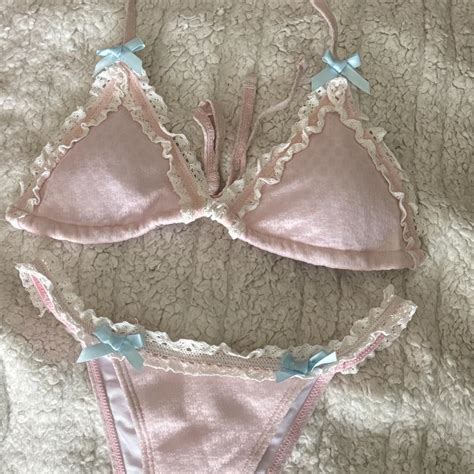 Pink And White Bikini Set With Frilly Details Depop