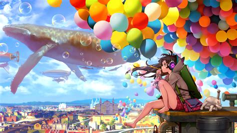 Colorful City Anime Girl Blowing Bubbles Wallpaper HD Anime Wallpapers