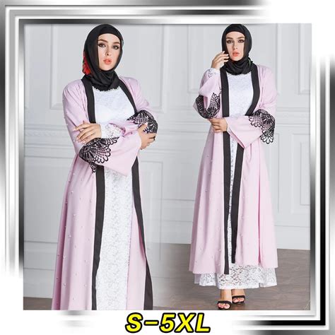 Muslim Maxi Dress Open Abaya Lace Pearl Tunic Cardigan Jilbab Long Robe