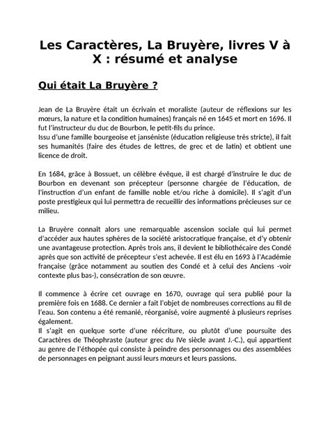 Les Caractères Analyse Et Resume Les Caractères La Bruyère Livres V à X Résumé Et Analyse