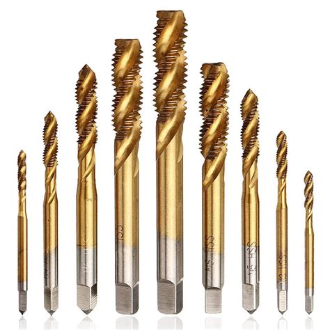 Mesee 9 Pieces Spiral Flute Tap Set Titanium Coated HSS Metric Thread