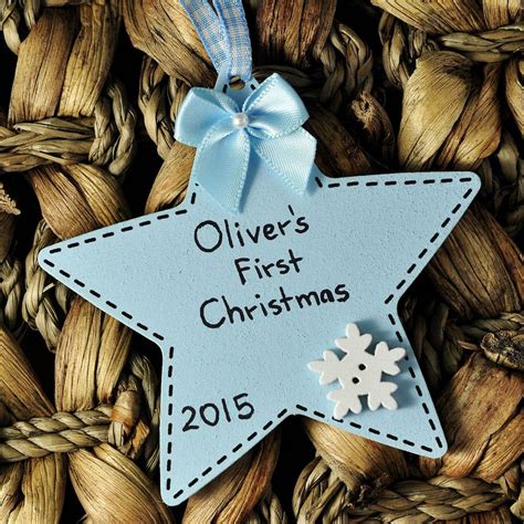 Personalised Babys First 1st Christmas Boy Blue Wooden Star Tree