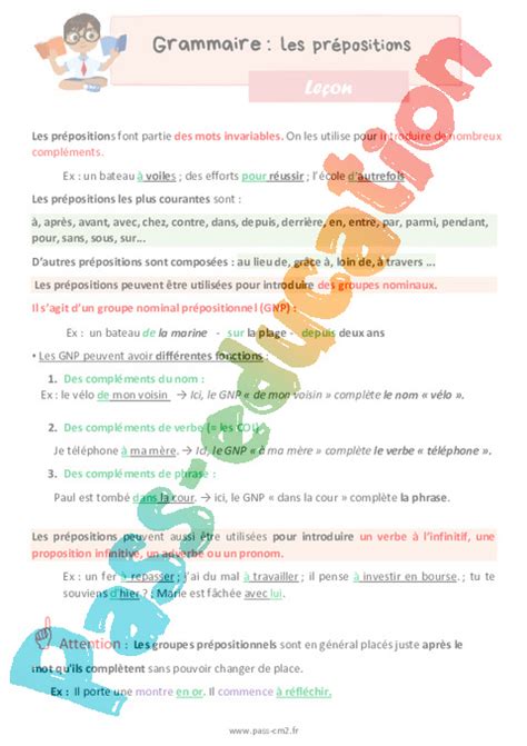 Les prépositions Leçon de grammaire pour le cm2 PDF à imprimer