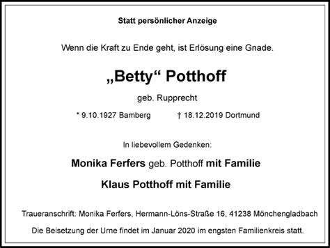 Traueranzeigen Von Betty Potthoff Trauer In Nrw De