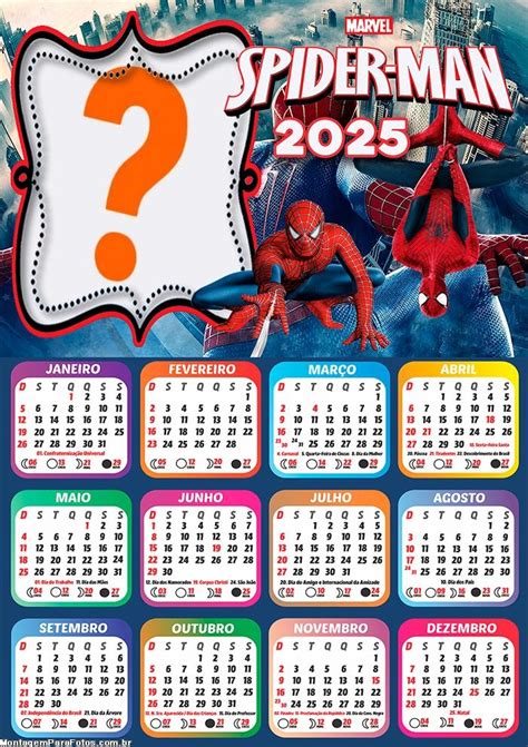 Calendário 2025 Spider Man Marvel Foto Montagem Grátis Colagem de Foto