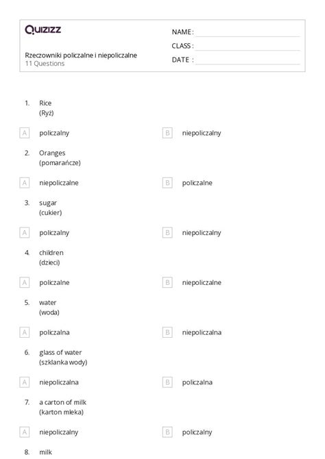 Ponad Rzeczowniki Arkuszy Roboczych Dla Klasa W Quizizz Darmowe