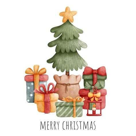 Premium Vector Digital Painting Christmas Gift Box And Pine Tree