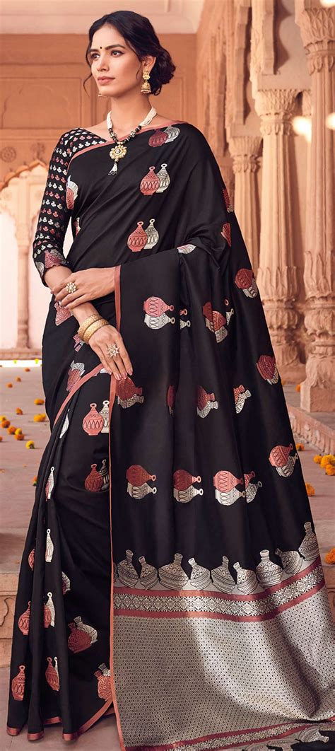 Party Wear Reception Traditional Black And Grey Color Banarasi Silk Silk Fabric Saree 1571103