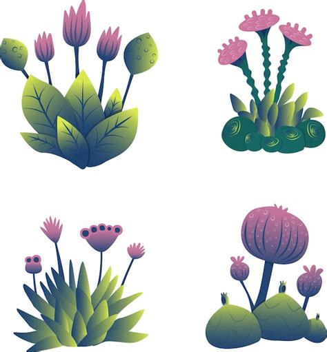 Premium Vector | A set of magical plants magical flowers of unusual shape