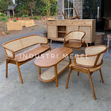 Jual Satu Set Kursi Ruang Tamu Jati Retro Scandinavian Mix Rotan