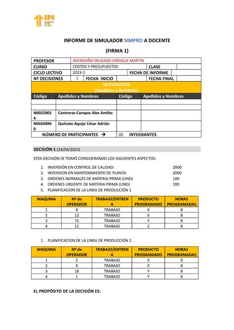 Informe De Simulador Gestion Estrategica De Operaciones Upn Studocu