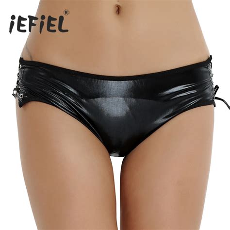 Iefiel Fashion Women Lingerie Lace Up Open Crotchless Wetlook Bikini