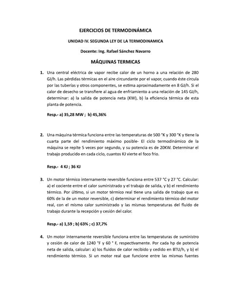 Ejercicios de Termodinámica Unidad IV Segunda Ley de la Termodinámica