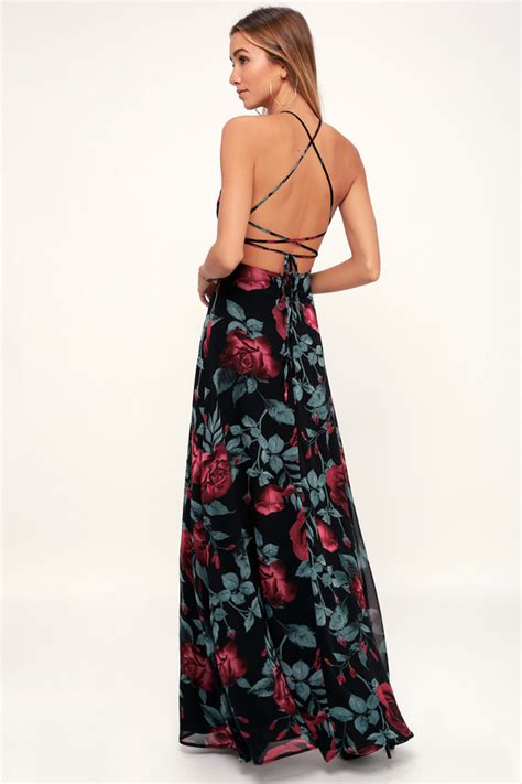 Lovely Black Rose Print Dress Black Maxi Dress Lace Up Dress Lulus