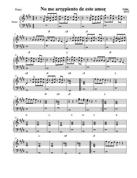 Partitura Para Piano Del Tema No Me Arrepiento De Este Amor De Gilda