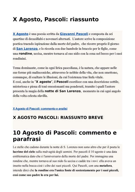 Agosto Riassunto E Commento X Agosto Pascoli Riassunto X Agosto