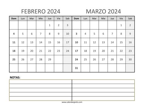 Calendario Febrero Marzo 2024