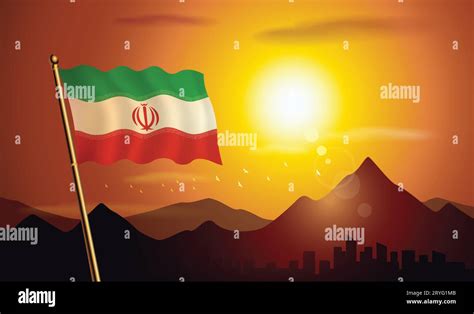 Iran Flag With Sunset Background Of Mountains And Lakes Stock Vector