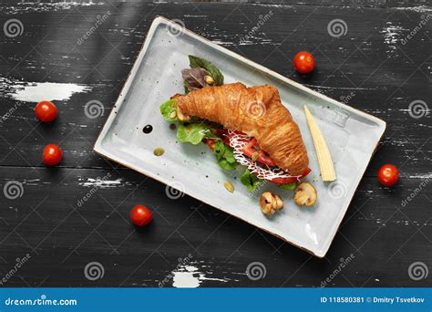 Delicious Sandwich Made Of Croissant Filled With Vegetables Stock Image