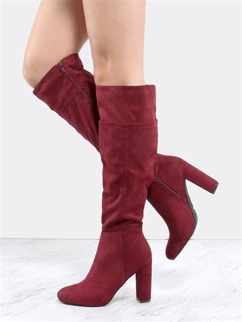 Faux Suede Chunky Heel Knee Boots Burgundy Sheinsheinside