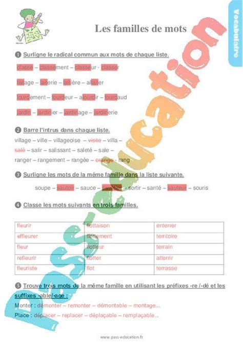 Les Familles De Mots Ce Tude De La Langue Exercices Avec Les