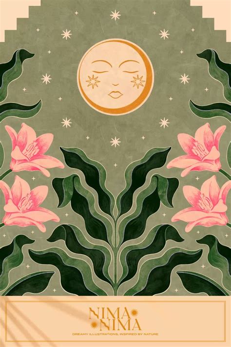 Botanical Moon Print Flower Poster Floral Wall Art Celestial Lunar Plant Illustration Boho