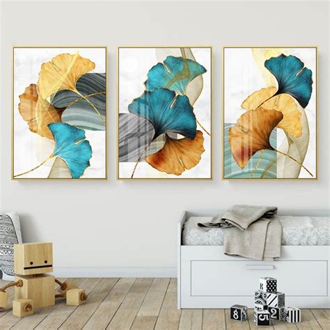 Quadro decorativo 3 peças 40x60 abstrato folhas de plantas verdes e