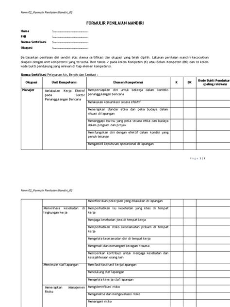 Form 02 Formulir Penilaian Mandiri 04 Pelayanan Air Bersih Dan Sanitasi Pdf