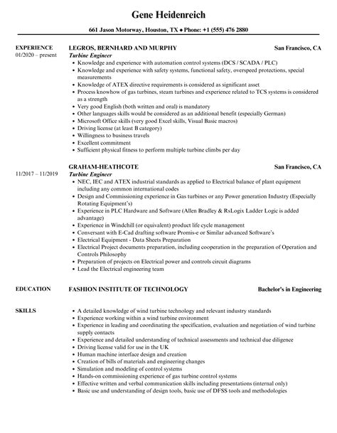 Turbine Engineer Resume Samples | Velvet Jobs