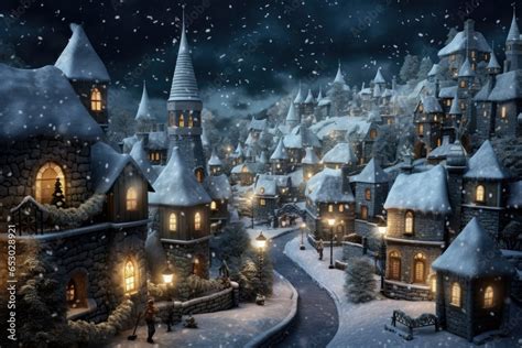 Cute Christmas village with snow-covered roofs and streets Stock Photo ...