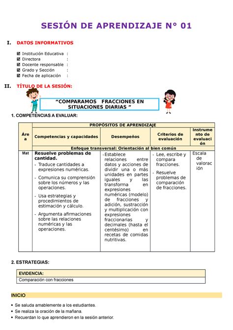 Sesión Matematica Comparacion DE Fracciones SESIÓN DE APRENDIZAJE