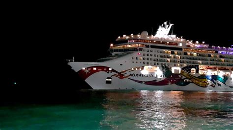 Cruise Ship Night Time Norwegian Jewel Leaving Port In Oranjestad Aruba